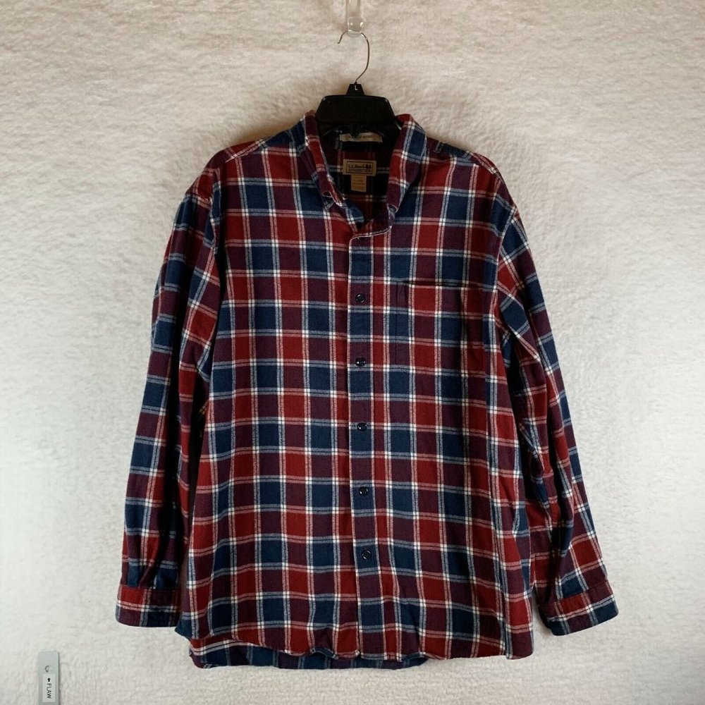 L.L.Bean Flannel Shirt Mens XL Red Plaid Cotton Slightly Fitted Button-Down 8594